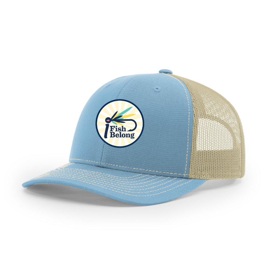Blue/Khaki iFishiBelong Starburst Woven Patch Structured Mesh Trucker Hat