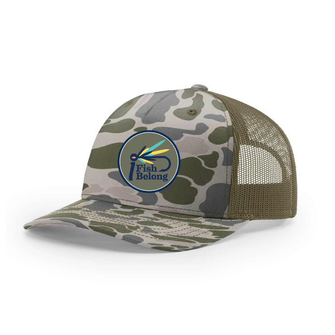 Marsh Duck Camo iFishiBelong Green Logo Structured Mesh Trucker Hat