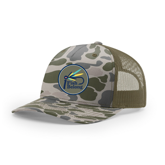 Marsh Duck Camo iFishiBelong Green Logo Structured Mesh Trucker Hat