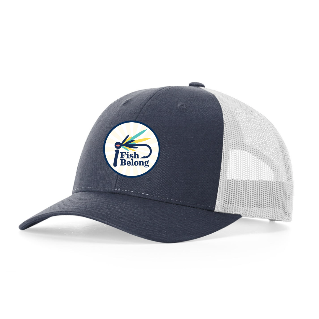 Navy/Light Grey iFishiBelong Starburst Woven Patch Structured Low Profile Mesh Trucker Hat
