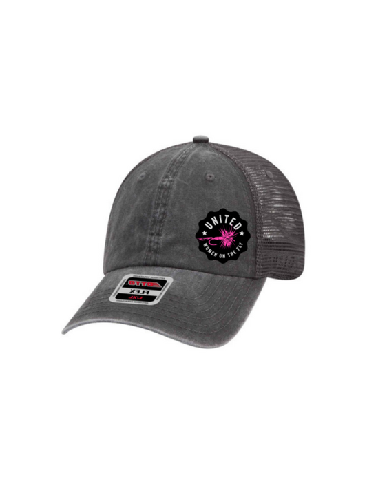 Black and Charcoal Gray Low Profile UWOTF Pink Logo Unstructured Mesh Trucker Hat