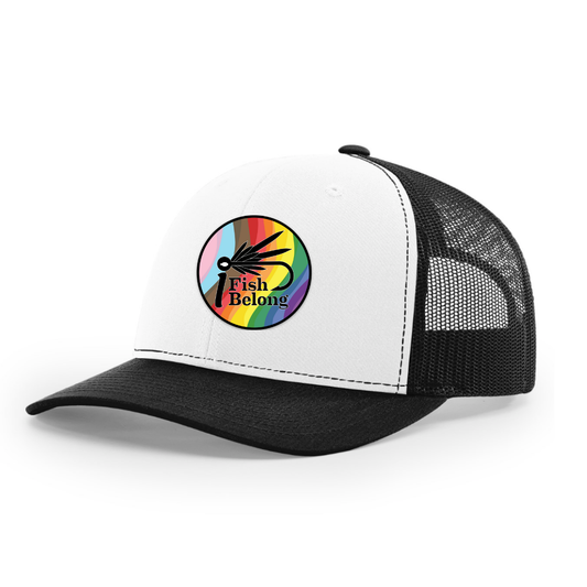 White/Black iFishiBelong Progressive Woven Patch Structured Mesh Trucker Hat