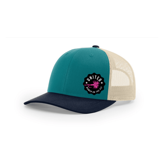 Blue Teal/Birch/Navy Low Profile UWOTF Pink Logo Structured Mesh Trucker Hat