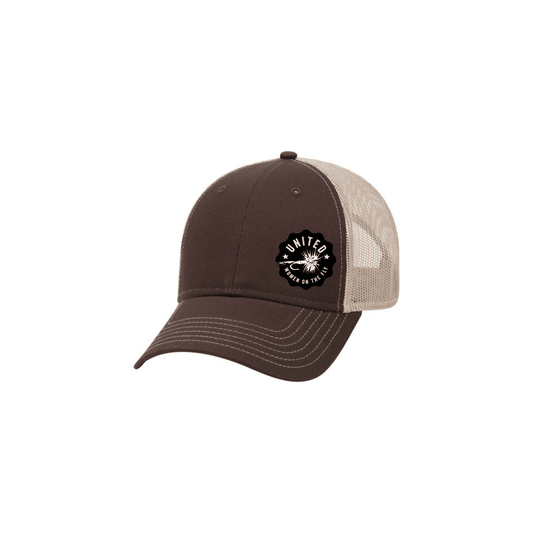 Brown/Khaki Low Profile UWOTF White Logo Structured Mesh Trucker Hat