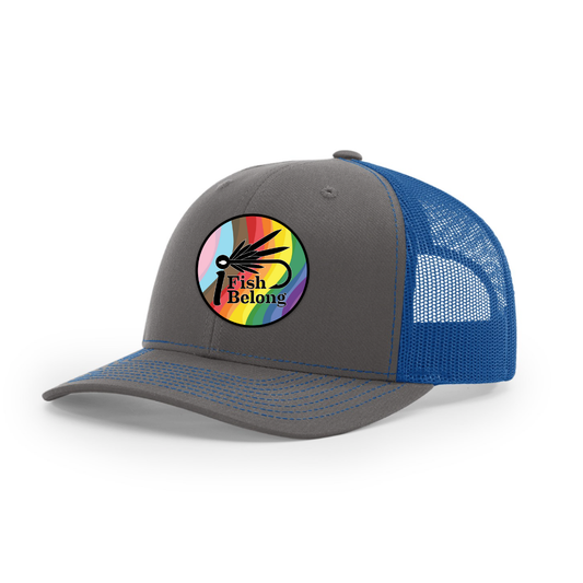 Charcoal/Royal iFishiBelong Progressive Woven Patch Structured Mesh Trucker Hat (Copy)