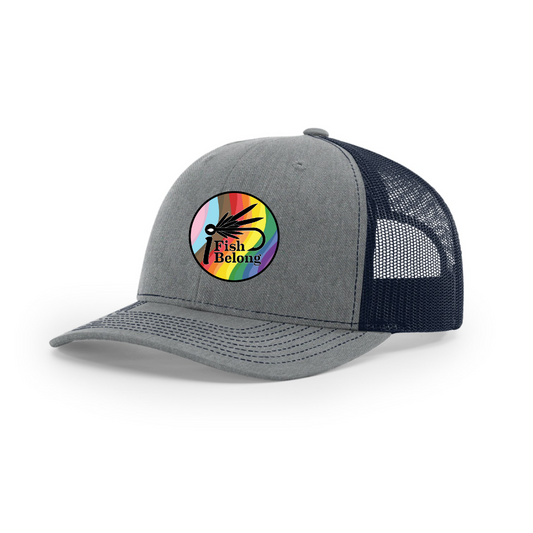 Gray/Navy iFishiBelong Progressive Woven Patch Structured Mesh Trucker Hat