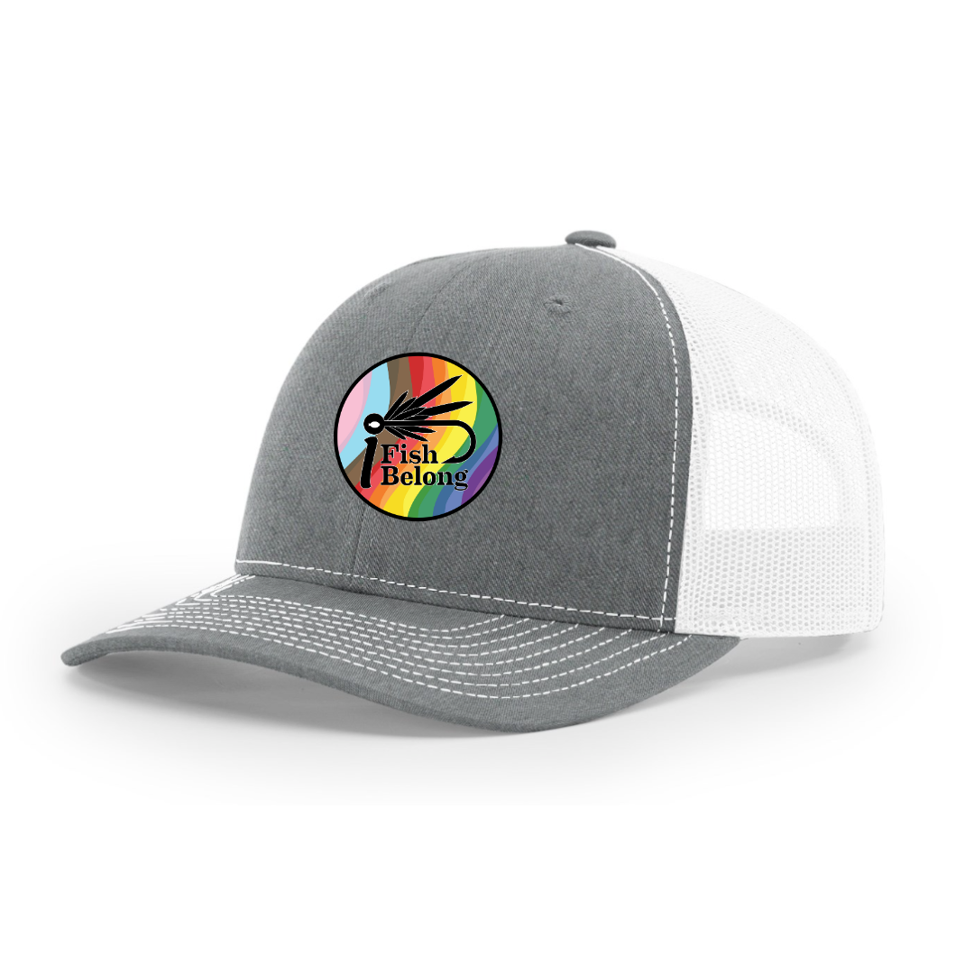 Grey/White iFishiBelong Progressive Woven Patch Structured Mesh Trucker Hat