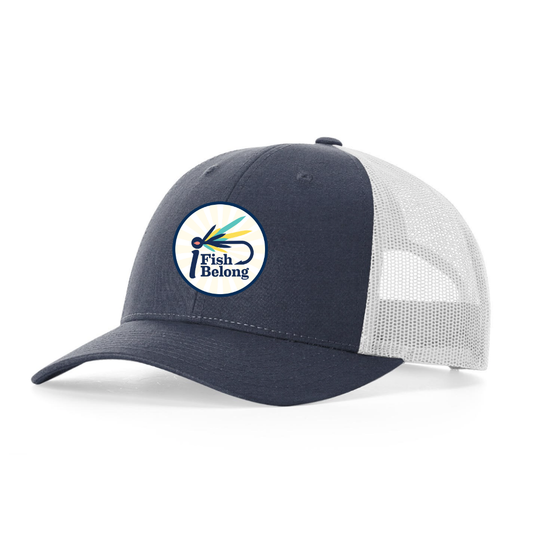 Navy/Light Grey iFishiBelong Starburst Woven Patch Structured Low Profile Mesh Trucker Hat