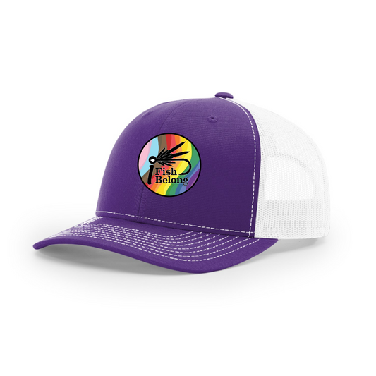 Purple/White iFishiBelong Progressive Woven Patch Structured Mesh Trucker Hat