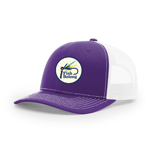 Purple/White iFishiBelong Starburst Woven Patch Structured Mesh Trucker Hat
