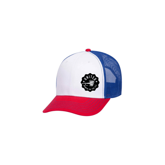Red/White/Blue Low Profile UWOTF White Logo Structured Mesh Trucker Hat