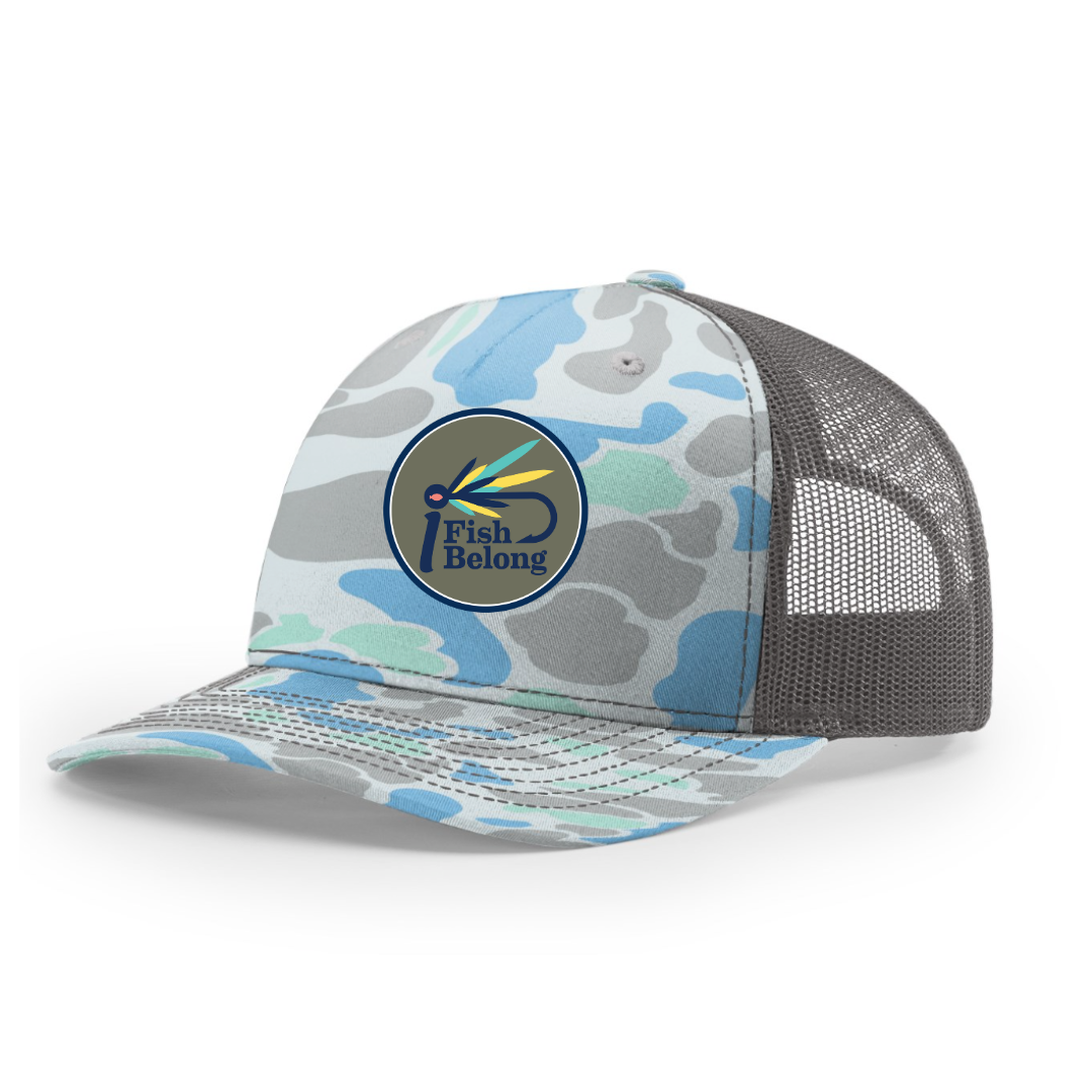 Saltwater Duck Camo iFishiBelong Logo Structured Mesh Trucker Hat