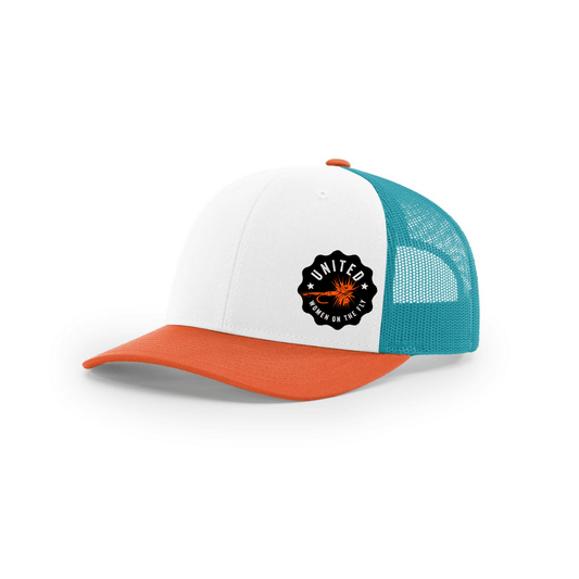 White/Hawaiian Blue/Pale Orange Low Profile UWOTF Orange Logo Structured Mesh Trucker Hat